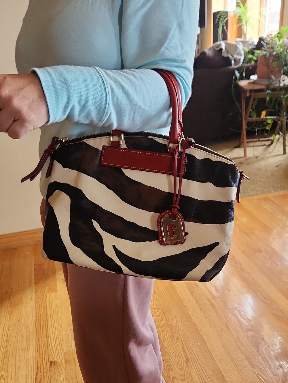 Vtg Dooney & Bourke Zebra-Print Satchel with Red Leather Accents Rehab Bag - Picture 9 of 13
